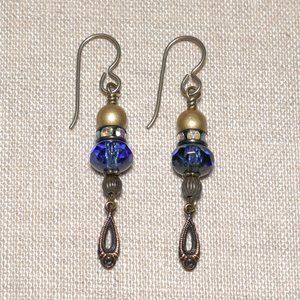 Hand Crafted Handmade Earrings Blue Czech Glass Earrings with Rhinestones